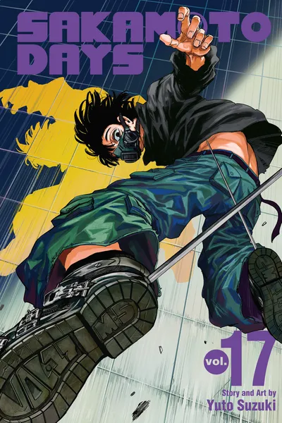 Sakamoto Days manga Volume 17 cover art featuring a dynamic character in a gas mask and tactical gear mid-action, with a yellow background, by Yuto Suzuki.