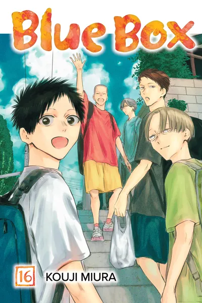Blue Box manga Volume 16 cover art featuring Taiki Inomata and other male basketball team members walking together, with a bright blue sky background, by Kouji Miura.