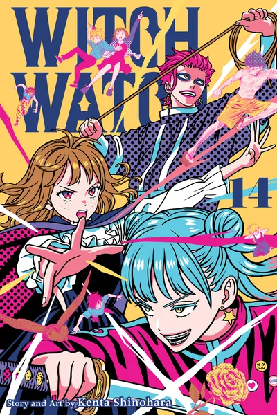Witch Watch manga Volume 14 cover art featuring Nico, Morihito, and other main characters in dynamic poses with vibrant pink, yellow, and blue colors, by Kenta Shinohara.